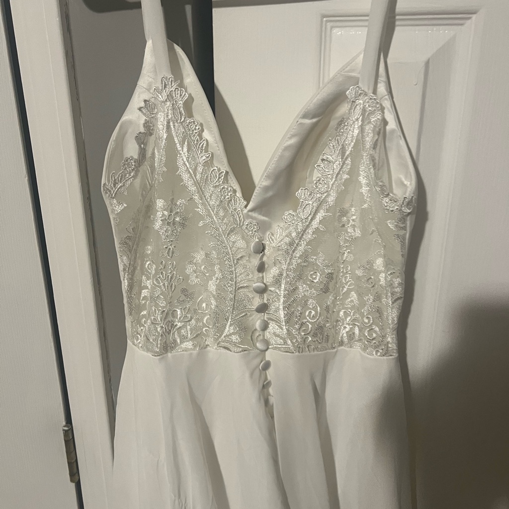 Azazie White Lace Bodice Spaghetti Strap Wedding Dress